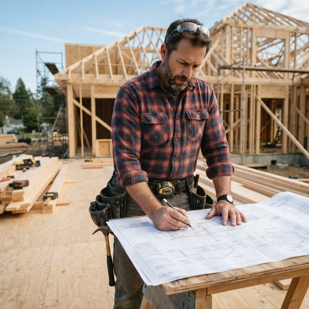 Doles Construction contractor reviewing building plans on site