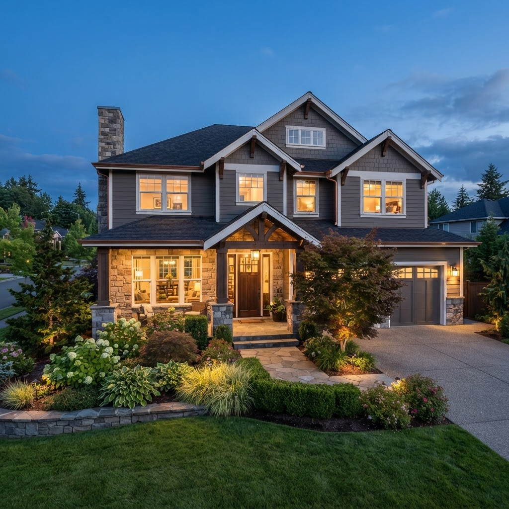 Completed custom craftsman home at twilight