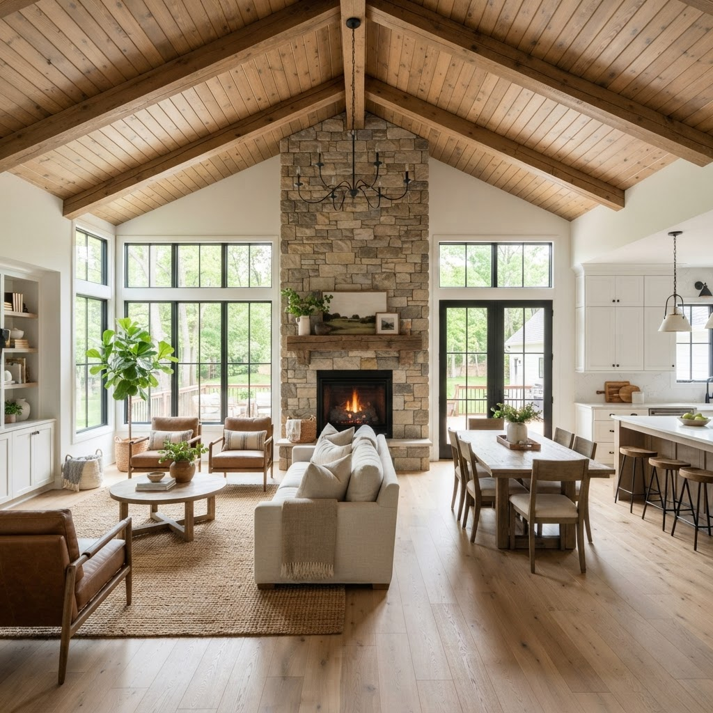 Bright renovated living room with vaulted ceiling