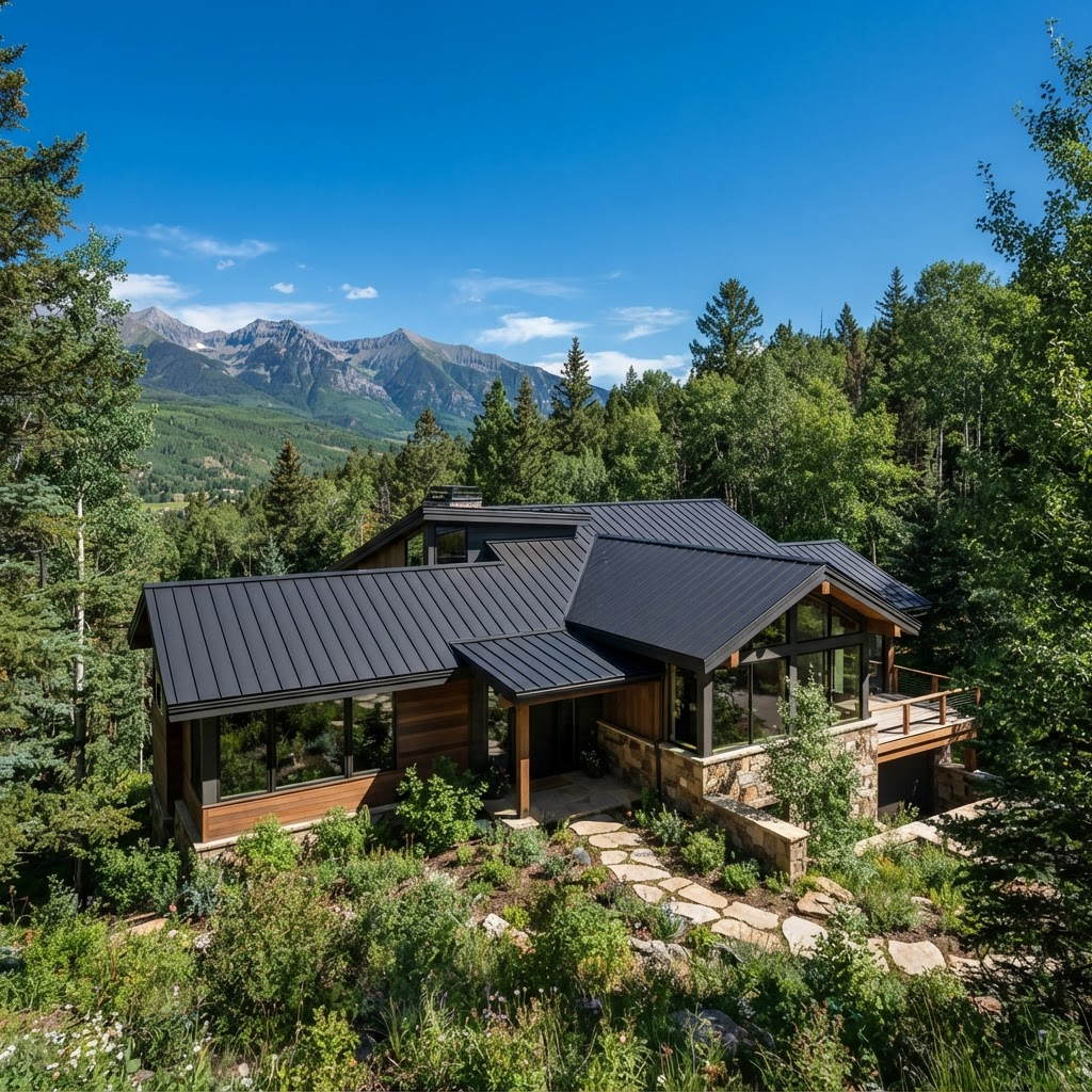 Standing seam metal roofline on a mountain home