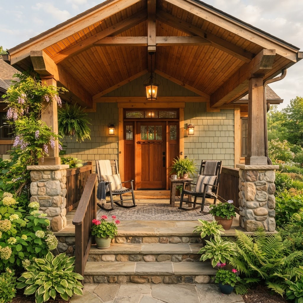 Covered front porch with stone columns