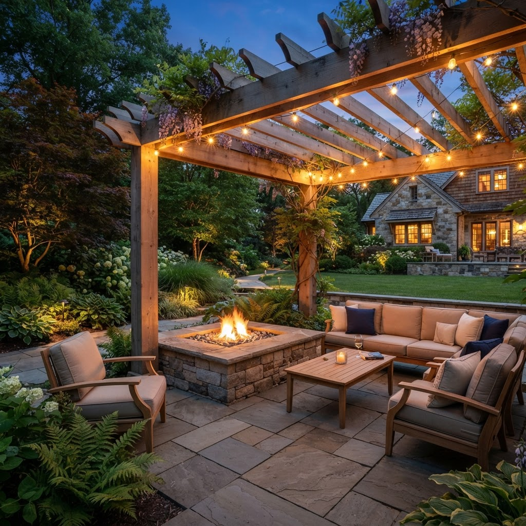 Backyard outdoor living space with fire pit