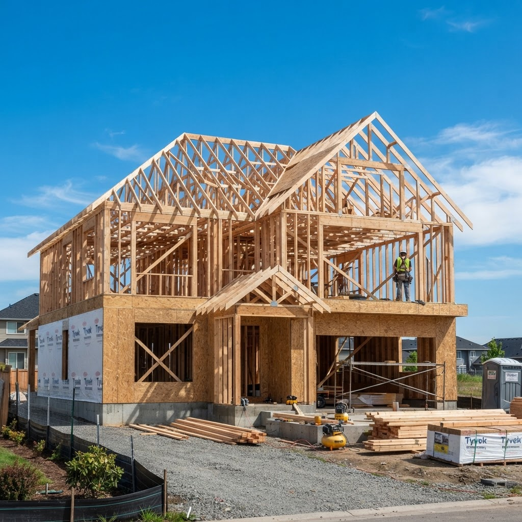 New home under construction with fresh framing